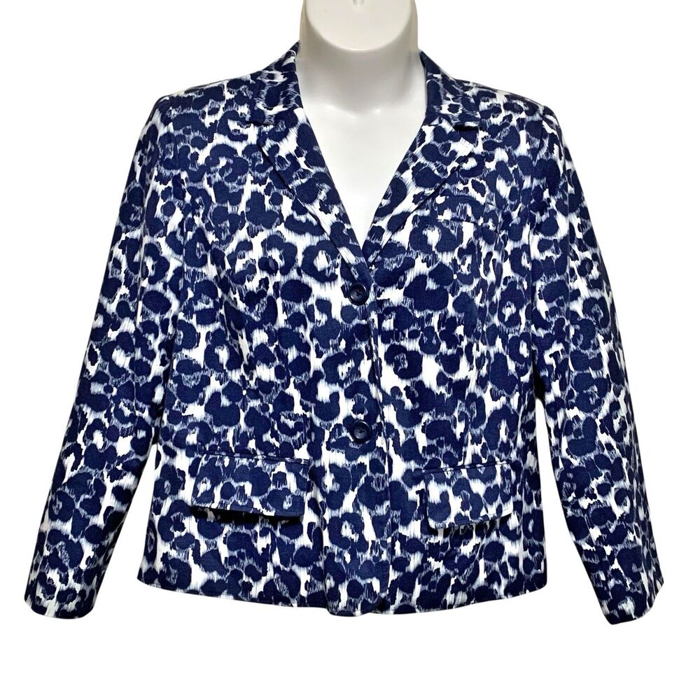 Studio Works Blazer Jacket Womens Size XL Navy Blue White Leopard Print Lined
